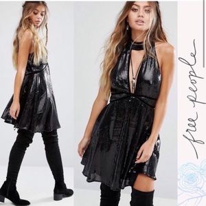 FREE People Film Noir Black Sequin Halter Mini Dress Sz 0